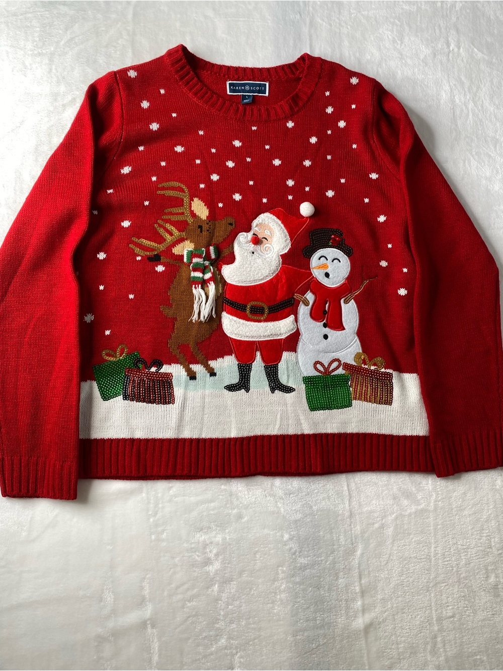 Karen Scott Women L Red Christmas Crewneck Sweater with Santa, Reindeer Snowman
